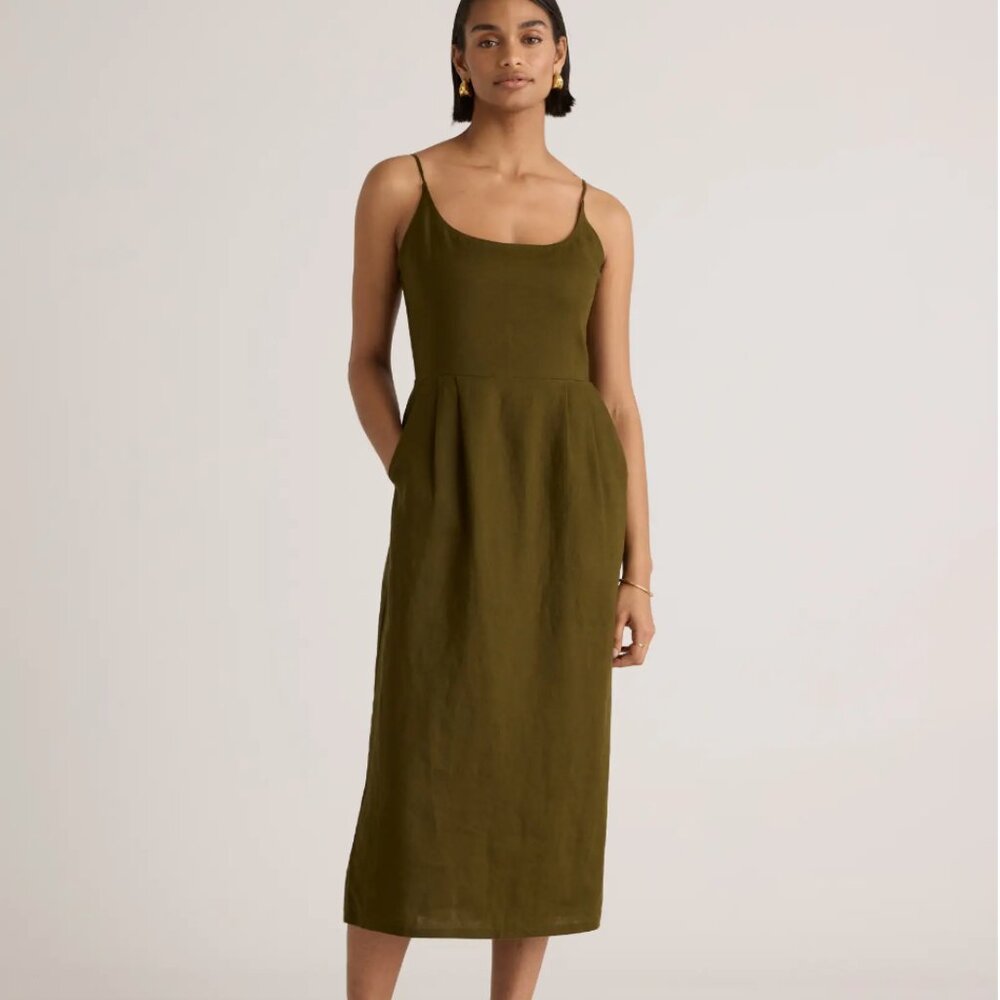 Quince 100% European Linen Scoop Neck Midi Dress in Martini Olive